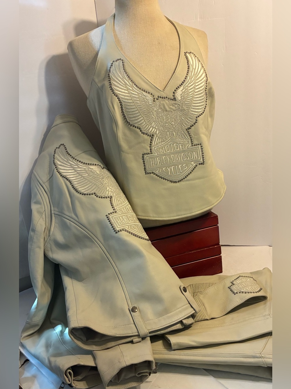 Harley-Davidson Cream 3 Piece Set Leather Jacket, Matching Halter Top and Chaps